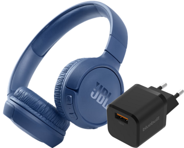 JBL Tune 510BT Blauw + BlueBuilt Quick Charge Oplader met Usb A Poort 18W Zwart