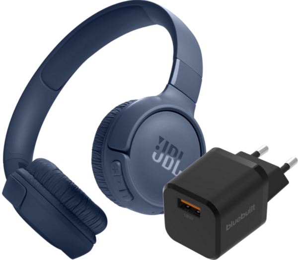 JBL Tune 520BT Blauw + BlueBuilt Quick Charge Oplader met Usb A Poort 18W Zwart