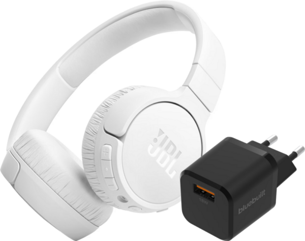 JBL Tune 670NC Wit + BlueBuilt Quick Charge Oplader met Usb A Poort 18W Zwart