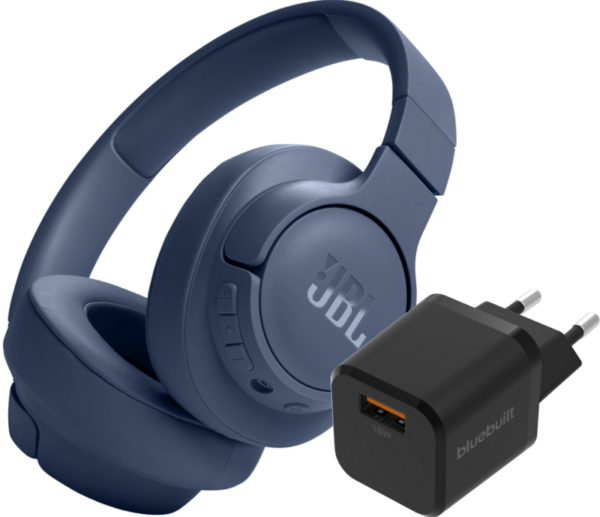 JBL Tune 720BT Blauw + BlueBuilt Quick Charge Oplader met Usb A Poort 18W Zwart