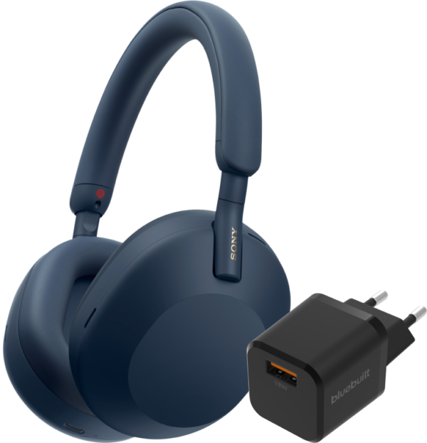 Sony WH-1000XM5 Blauw + BlueBuilt Quick Charge Oplader met Usb A Poort 18W Zwart